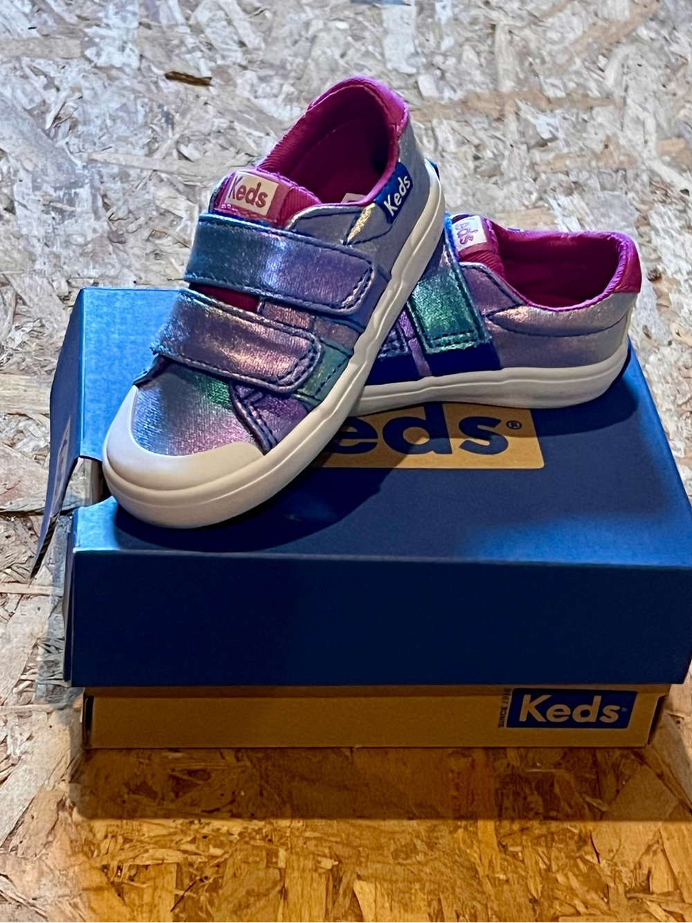 NIB Keds Toddler Iridescent Velcro Sneakers in Pink and Purple Accent